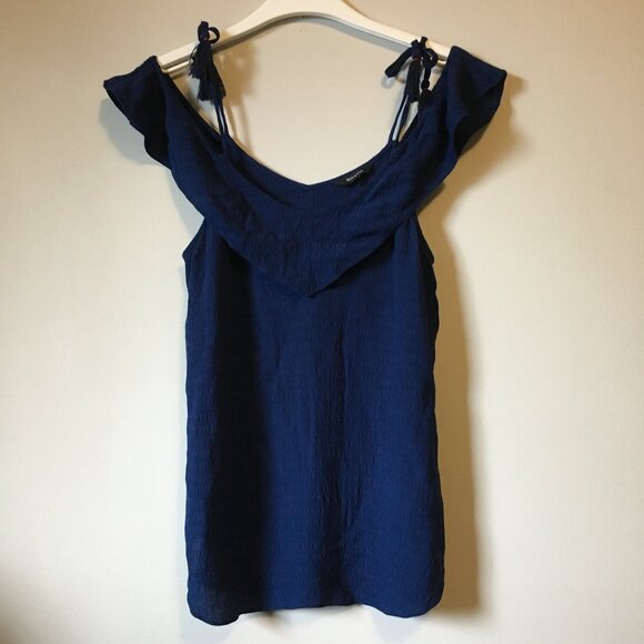 RW&CO. Navy Blue Off Shoulder Tasseled Rayon Beach House Tank Top - Picture 2 of 14